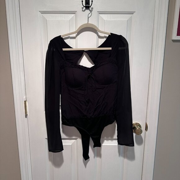 Lulus Be Your Date Black Bustier Backless Long Sleeve Bodysuit - Size Large - Picture 5 of 8